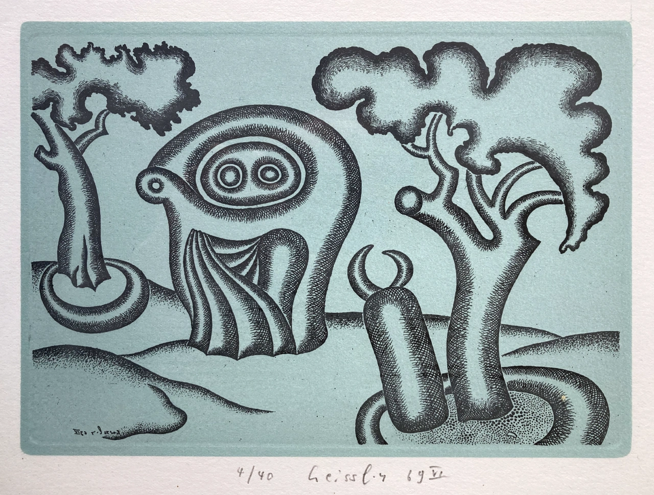 "Landscape with pilasters and sculpture" ("Landschaft mit Pilaster und Skulptur") by Arnold Leissler the Younger (1939-2014)