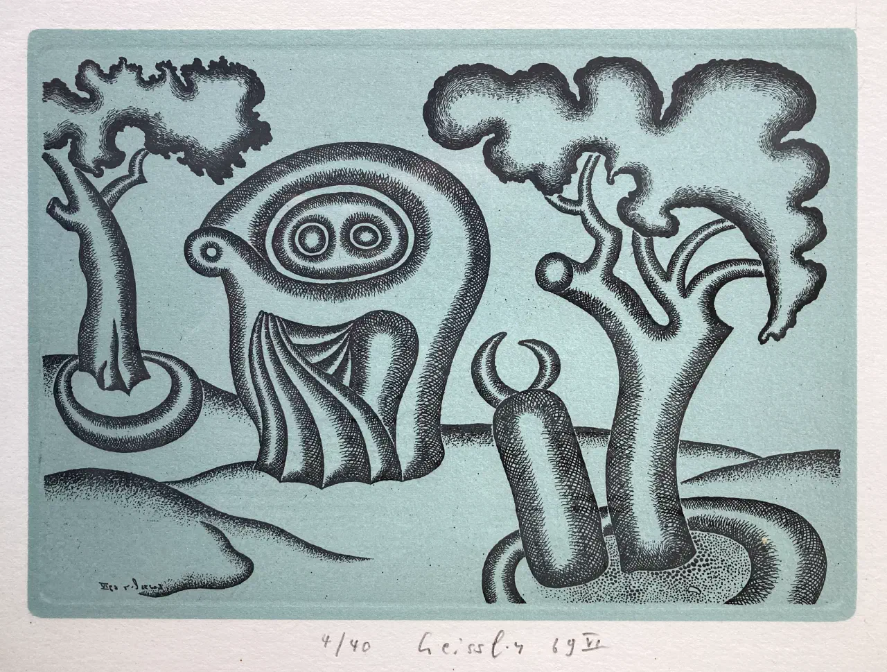 "Landscape with pilasters and sculpture" ("Landschaft mit Pilaster und Skulptur") by Arnold Leissler the Younger (1939-2014)