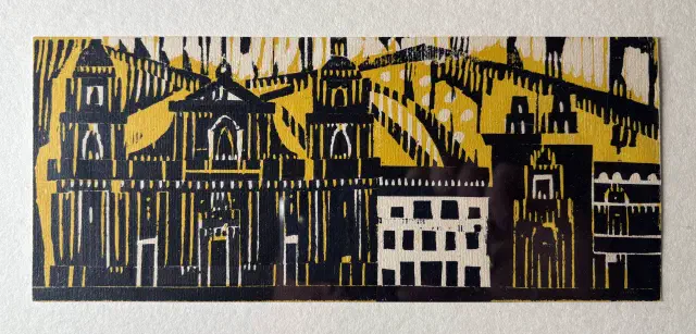 Linolschnitt einer Stadt mit Kirche